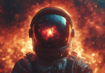 Wall Mural - an astronaut's helmet with the reflection of a colorful bright nebula within it.