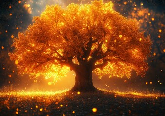 Wall Mural - beautiful autumn tree with golden leaves in the sunlight. magical fairytale landscape. autumn backgr