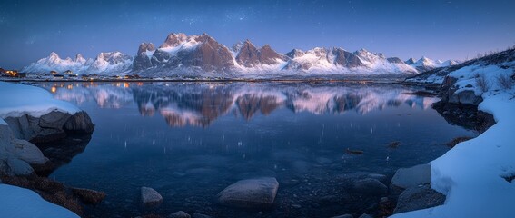 Wall Mural - beautiful night landscape over a winter lake and mountains at night. landscape with starry sky and r