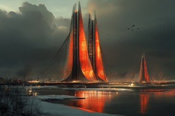 Poster - Futuristic cityscape featuring tall illuminated structures beside a dark river during twilight hours