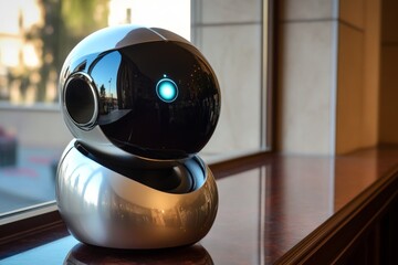 Aufkleber - Modern robot assistant positioned by a window in an upscale urban setting during daylight hours