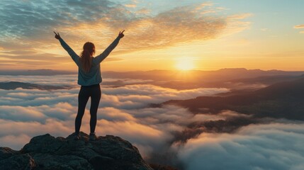 Wall Mural - photo of a woman standing on top of a mountain with arms raised in victory, overlooking a beautiful 