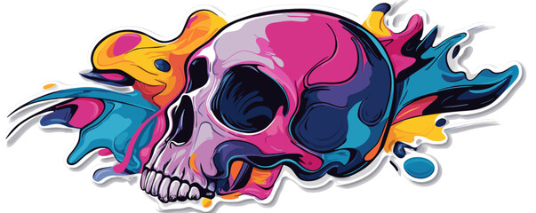 Wall Mural - Colorful abstract skull with vibrant paint splash elements in artistic style.