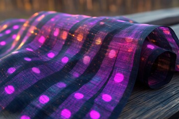 Aufkleber - Colorful sheer fabric with polka dots elegantly draped on a wooden surface during sunset