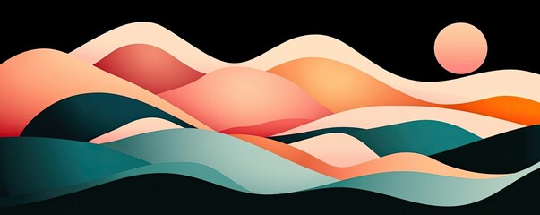 Poster - Surrealist art abstract background concept. Abstract landscape with flowing waves, soft colors, and a rising sun on a dark background.