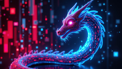 A futuristic dragon made of digital code floating amidst a vibrant cybernetic landscape.