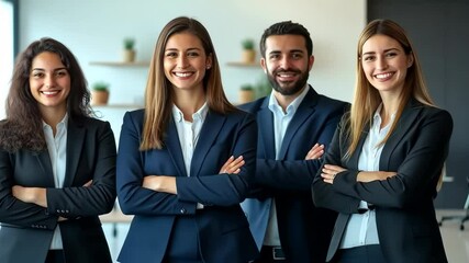 Poster - A diverse group of four professionals in stylish business attire stands smiling in a modern office, highlighting teamwork, collaboration, and support in a dynamic work environment