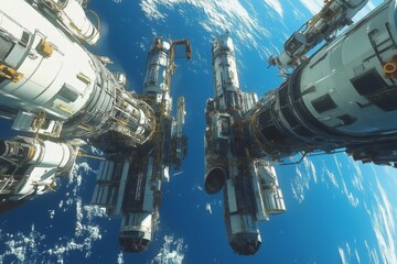 Aufkleber - Space station modules orbiting Earth under a vibrant blue sky filled with clouds and sunlight