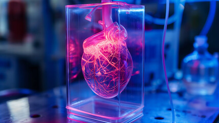 Poster - This translucent heart model showcases bioengineering designs for genetic longevity enhancements.