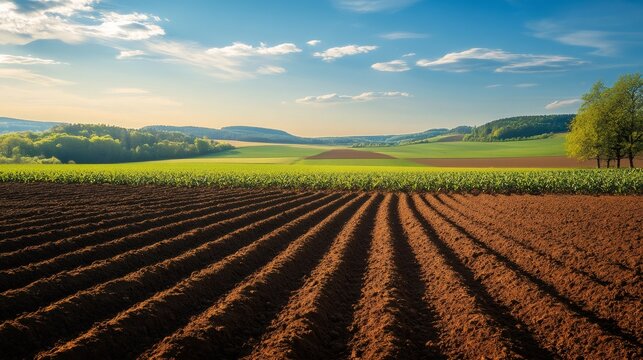 Plowed field creating perfect furrows in cultivated farmland at sunset
