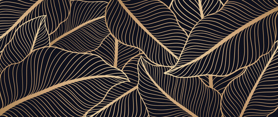 Wall Mural - luxury botanical line art background vector. natural botanical elegant with gold line art on dark ba