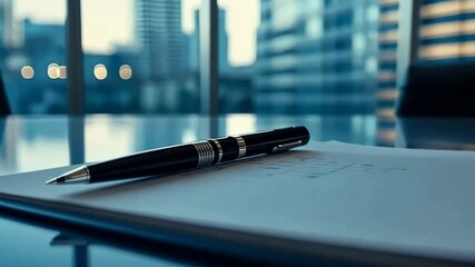Poster - In a modern office, a sleek pen lies on a clean notepad, with highrises in the backdrop. Natural light boosts creativity and productivity, ideal for brainstorming and corporate meetings