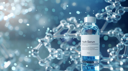 Poster - This blue serum in a vial stands out among molecular structures of youth-enhancing tech.