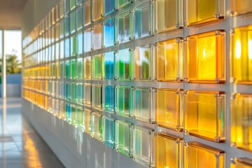 Aufkleber - Colorful glass blocks create a vibrant decorative wall in a modern architectural space during daylight