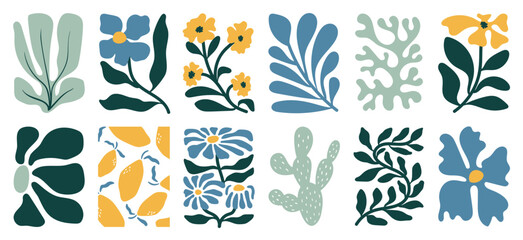 Aufkleber - Botanical doodle background art vector set. Flower and leaves abstract shape doodle art design for print, wallpaper, clipart, wall art for home decoration. 