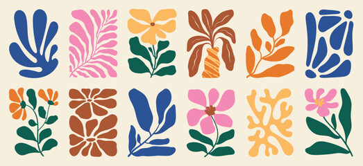 Aufkleber - Botanical doodle background art vector set. Flower and leaves abstract shape doodle art design for print, wallpaper, clipart, wall art for home decoration. 