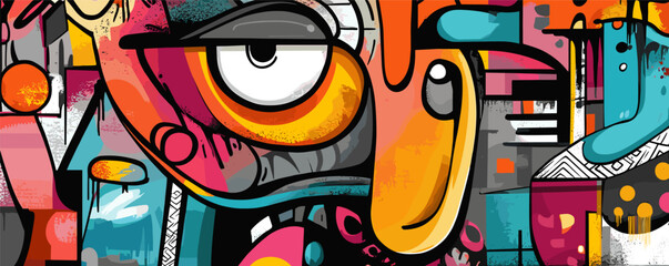 Wall Mural - Colorful abstract street art mural featuring large eye and geometric shapes.