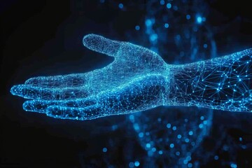 Leinwandbilder - Digital representation of a hand reaching out with interconnected lines and dots against a dark background