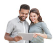 © kite_rin - Beautiful happy young couple using digital tablet isolated transparent PNG. Joyful smiling woman and man looking at tablet. Love, travel, tourism, students lifestyle concept