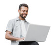 © kite_rin - Portrait of handsome smiling young man with laptop computer isolated transparent PNG, Joyful cheerful casual businessman looking at laptop