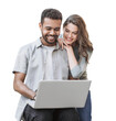 © kite_rin - Beautiful happy young couple using laptop computer isolated transparent PNG. Joyful smiling woman and man looking at notebook. Love, travel, tourism, students lifestyle concept