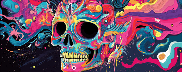 Wall Mural - Vibrant psychedelic skull with abstract swirls and colorful patterns on dark background.