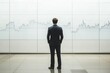 © Lady O - Full body shot of a business man wearing a suit pictured from behind, as he stares at a white wall, with a huge single financial graph on it.