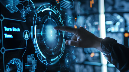 Leinwandbilder - This hand interacts with a futuristic interface displaying genetic data and bioengineering concepts. Turn back time