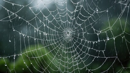 Delicate spider web adorned with glistening raindrops against a blurred green background showcasing intricate patterns on a gloomy day.