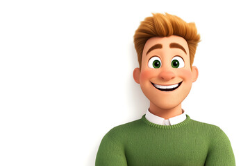 happy smiling cartoon character young adult man person portrait wearing green sweater in 3d style de