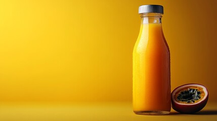 Aufkleber - A glass bottle filled with bright orange passion fruit juice stands prominently beside a halved passion fruit. The bold yellow backdrop enhances the vibrant colors.
