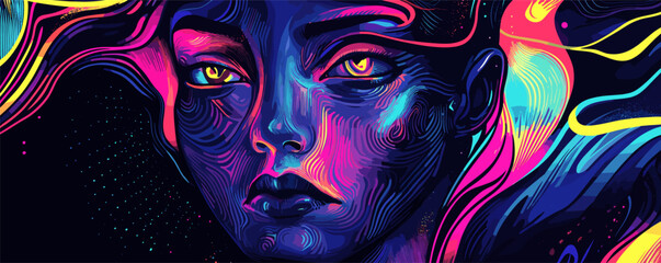 Wall Mural - Vibrant digital portrait of a woman with neon colors and abstract patterns.