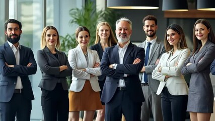 Poster - A professional group of men and women standing confidently in a contemporary office, showcasing teamwork and leadership in a business setting