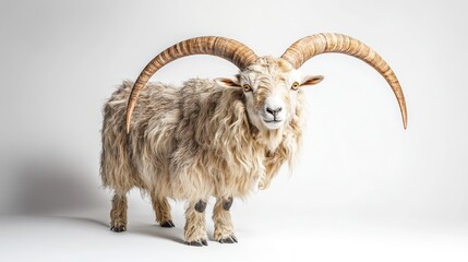 Studio shot of a large fluffy sheep with oversized horns.  Possible use educational, animal biology