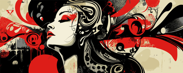 Wall Mural - Abstract art of a woman with red and black accents and flowing hair design.