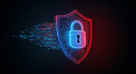 cybersecurity shield with ai iconography: glowing lock protected by binary code streams, red vs. blu
