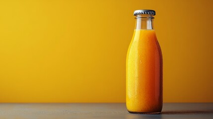 Aufkleber - A glass bottle filled with fresh orange juice stands upright on a gray surface. The vivid yellow background enhances the vibrant color of the juice, emphasizing its freshness and appeal.