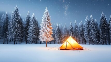 Wall Mural - camping under stars landscapes concept. a warm tent glows amidst a snowy landscape at twilight, surr