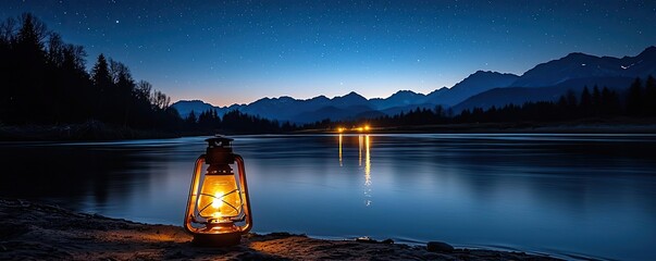 Wall Mural - camping under stars landscapes concept. a serene lake scene illuminated by a lantern against a twili