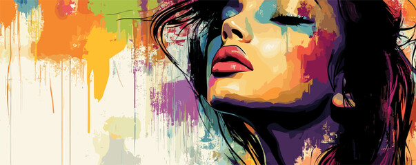 Wall Mural - Vibrant abstract portrait of woman with colorful paint drips and closed eyes.