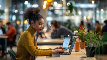 Poster - A young professional works on her laptop in a green office, blending technology with a modern space that fosters creativity and boosts productivity, helping her thrive in her career