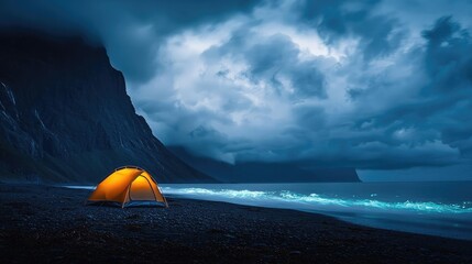 Wall Mural - camping under stars landscapes concept. a lone tent by the shore, under a moody sky, amidst dramatic