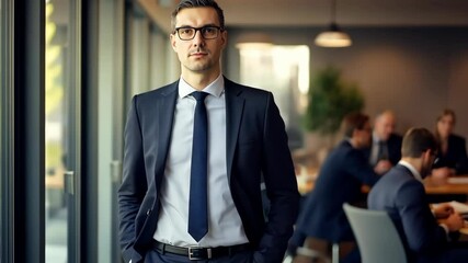 Poster - A well-dressed businessman stands confidently in a modern office, observing a team meeting in the background, reflecting a blend of leadership and teamwork in a tech-savvy environment.