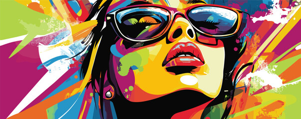 Wall Mural - Colorful pop art style portrait of a woman with sunglasses in vibrant abstract design.