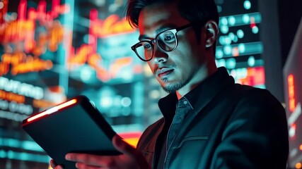 Poster - A dedicated professional analyzes digital data on a sleek tablet, surrounded by vibrant holographic graphs and charts, illustrating the dynamic intersection of business and technology