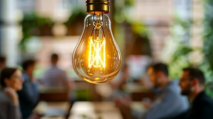 Poster - A vintage bulb illuminates a modern office where a diverse team participates in a creative brainstorming session with laptops, surrounded by greenery that encourages innovation and idea exchange