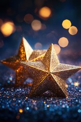 Canvas Print - golden glitter stars on sparkling blue surface creating a festive holiday mood with bokeh lights bac