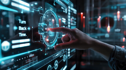 Leinwandbilder - This hand uses a digital interface displaying tools for youth-prolonging genetic modifications. Turn back time