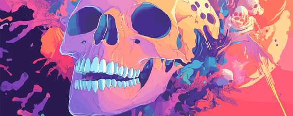 Wall Mural - Colorful abstract skull with vibrant cosmic background and surreal elements.