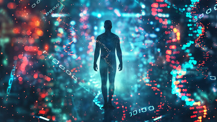 Aufkleber - This figure navigates a colorful digital landscape of genetic mods and AI for youth prolongation.